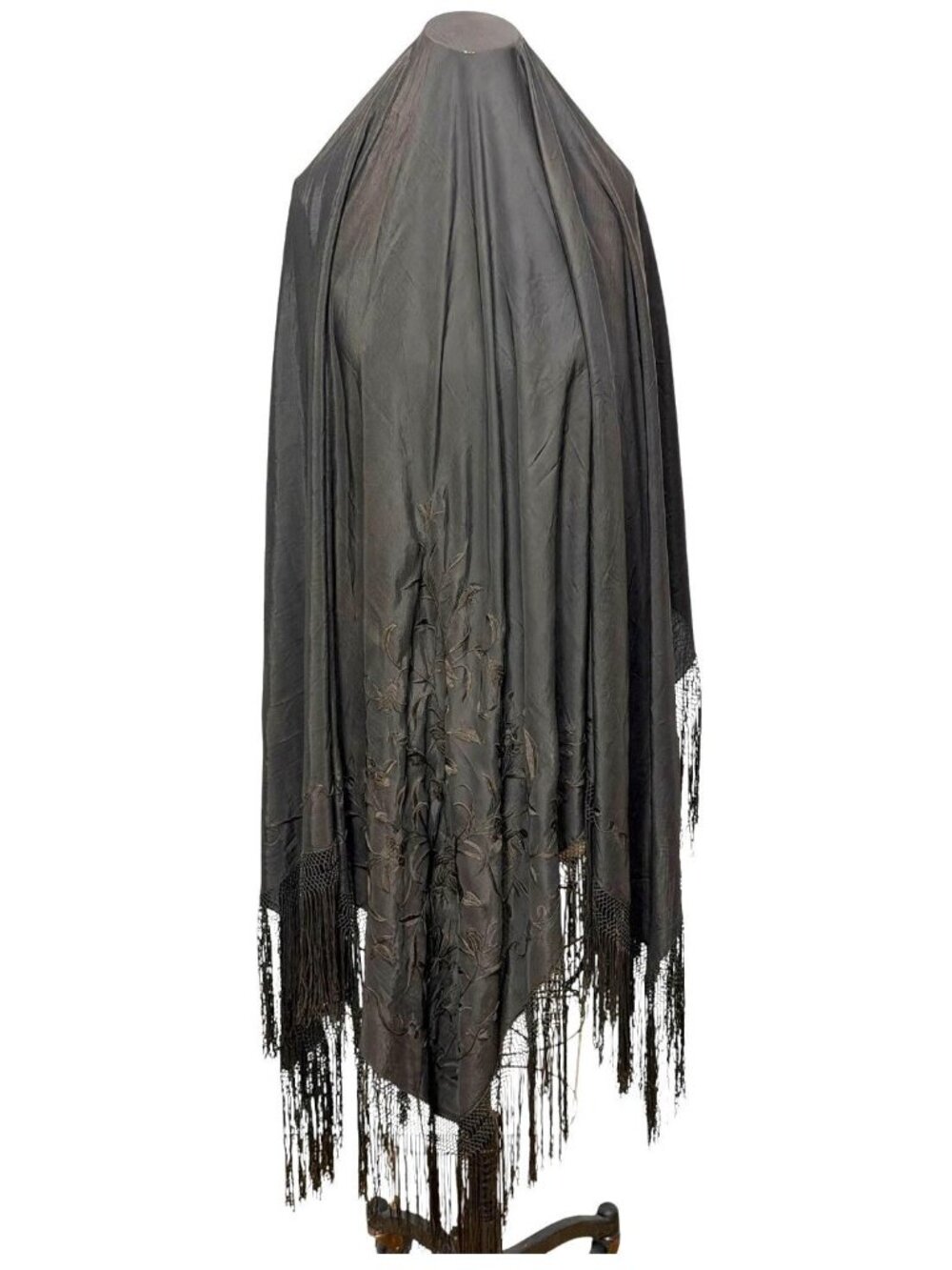 1920s black silk shawl with embroidered flowers and fringe 60" x 60"